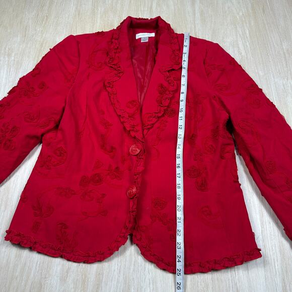 Christopher Banks Red Floral Embroidered Ruffle Trim Button Blazer Jacket XL - Picture 11 of 15